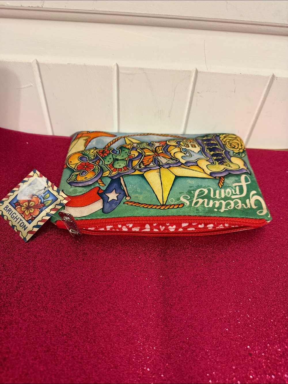 Brighton Beige Zip Pouch with Blue Stars and Red Trim - Picture 4 of 9
